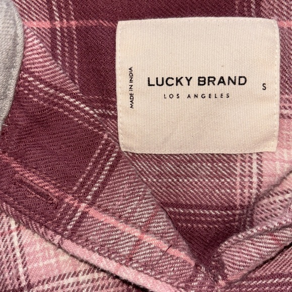 Lucky BrandšFlannel Plaid Button Front Pink Plaid Cropped Hoodie, Size Small - Picture 8 of 14